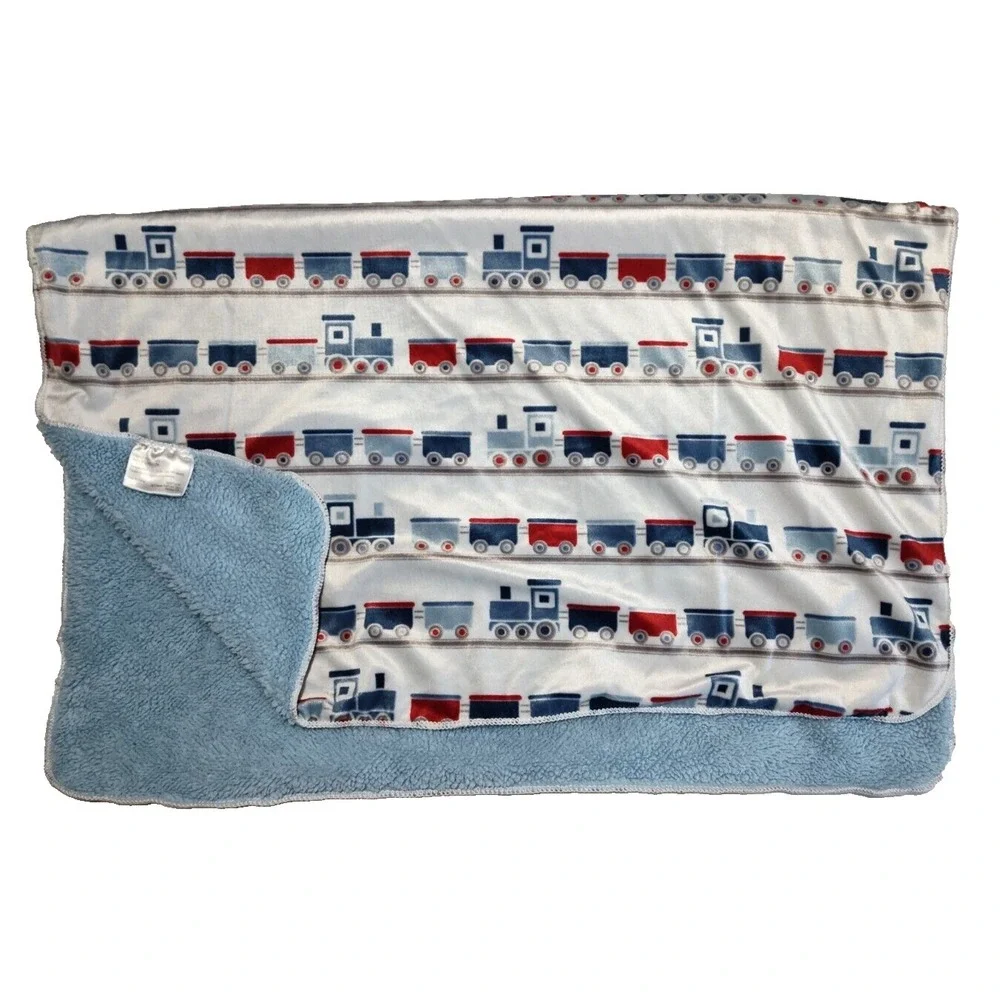 SL Home Fashions 119741 Train Plush Baby Blanket Blue Sherpa White Red Security